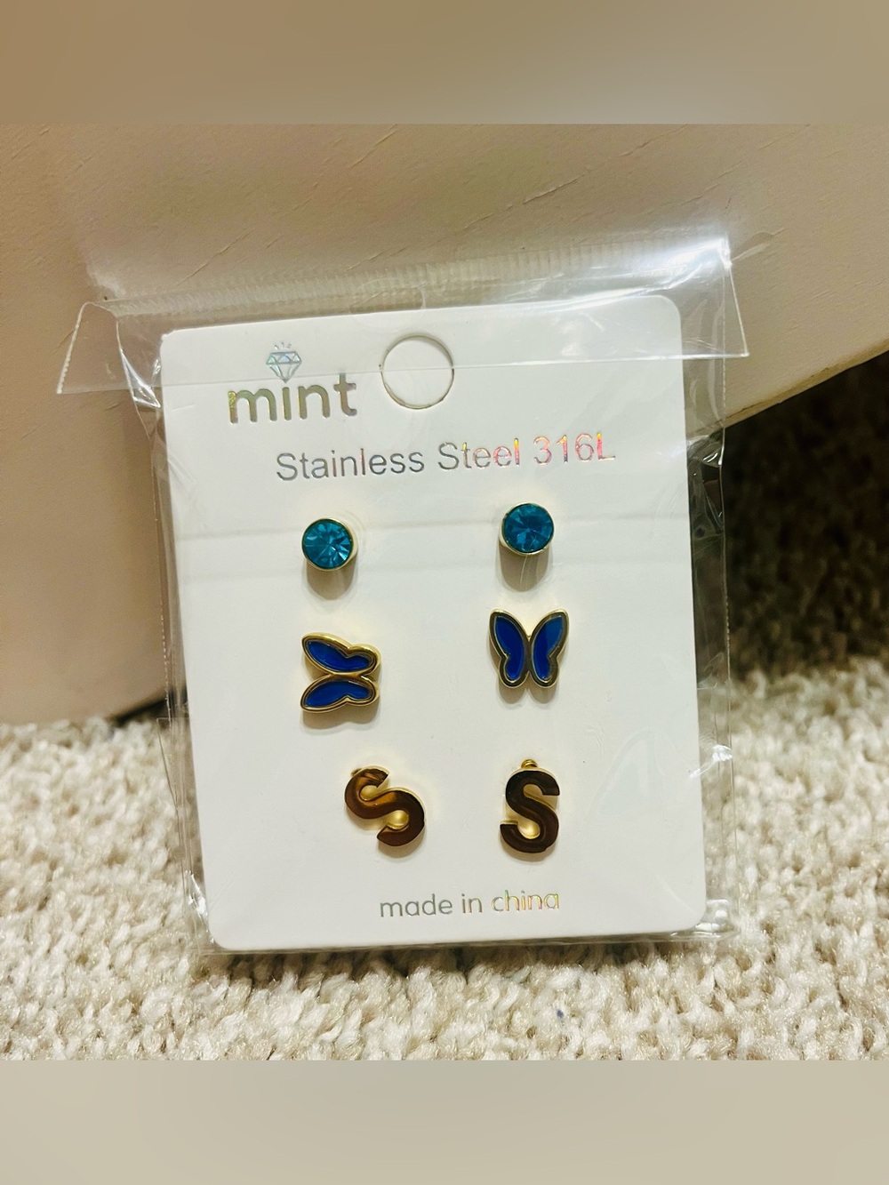 Mint Blue Crystal, Enamel Butterfly & Gold Initial Stud Set